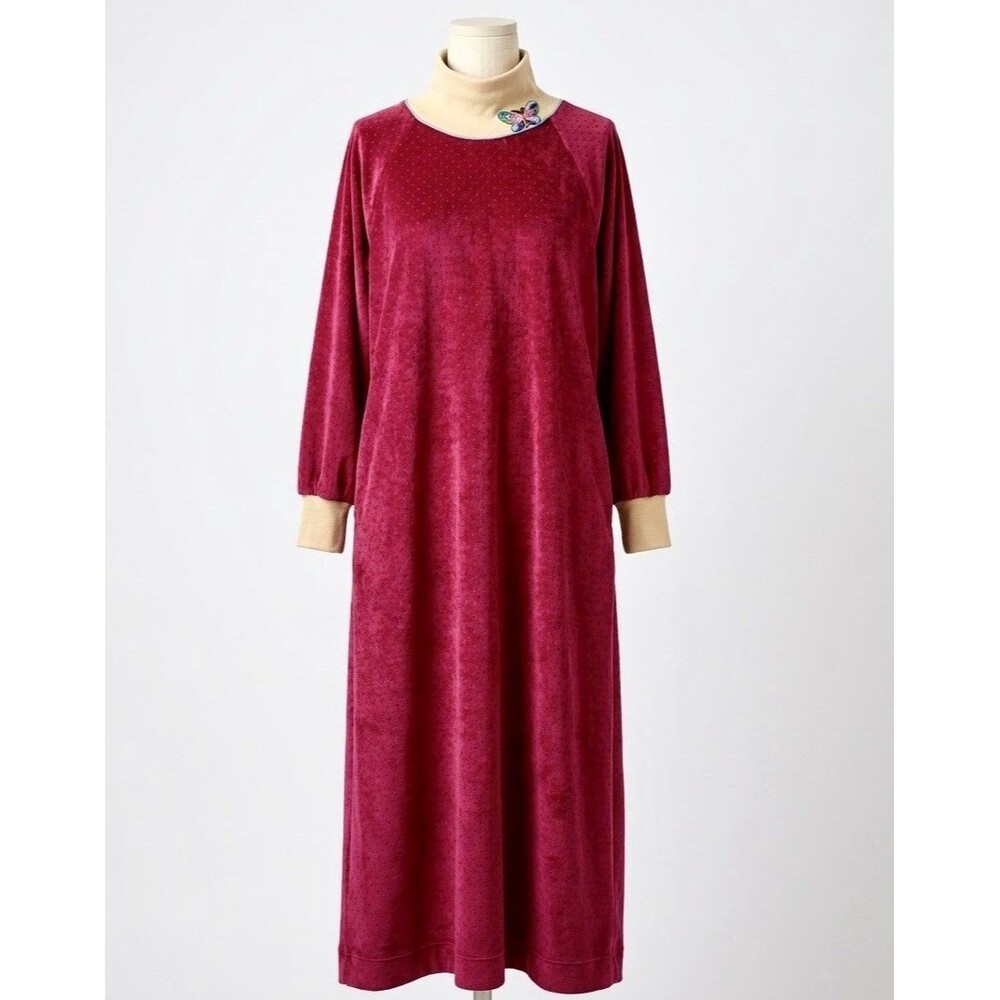 Vintage 70s Rich Burgundy Textured Velour Nightgown Hostess Dress Butterfly Maxi